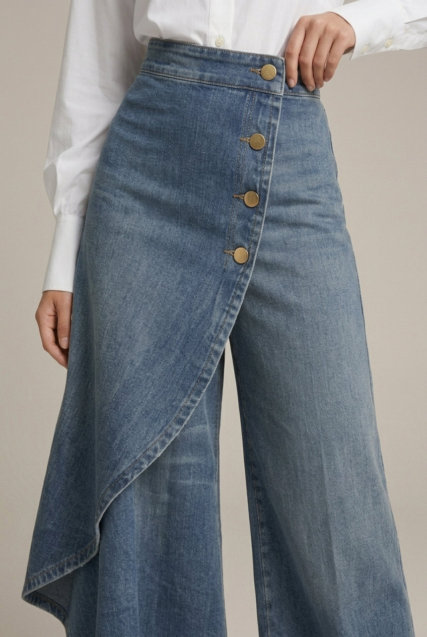 Women's High-Waist Wide Leg Denim Pants with Asymmetric Skirt Overlay