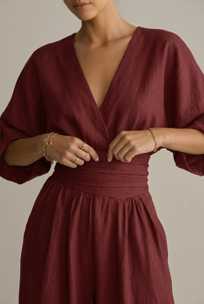 Women's V-Neck Waist Defining Long Sleeve Jumpsuit