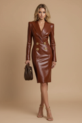 Women's Faux Leather Blazer Dress - Double Breasted Midi