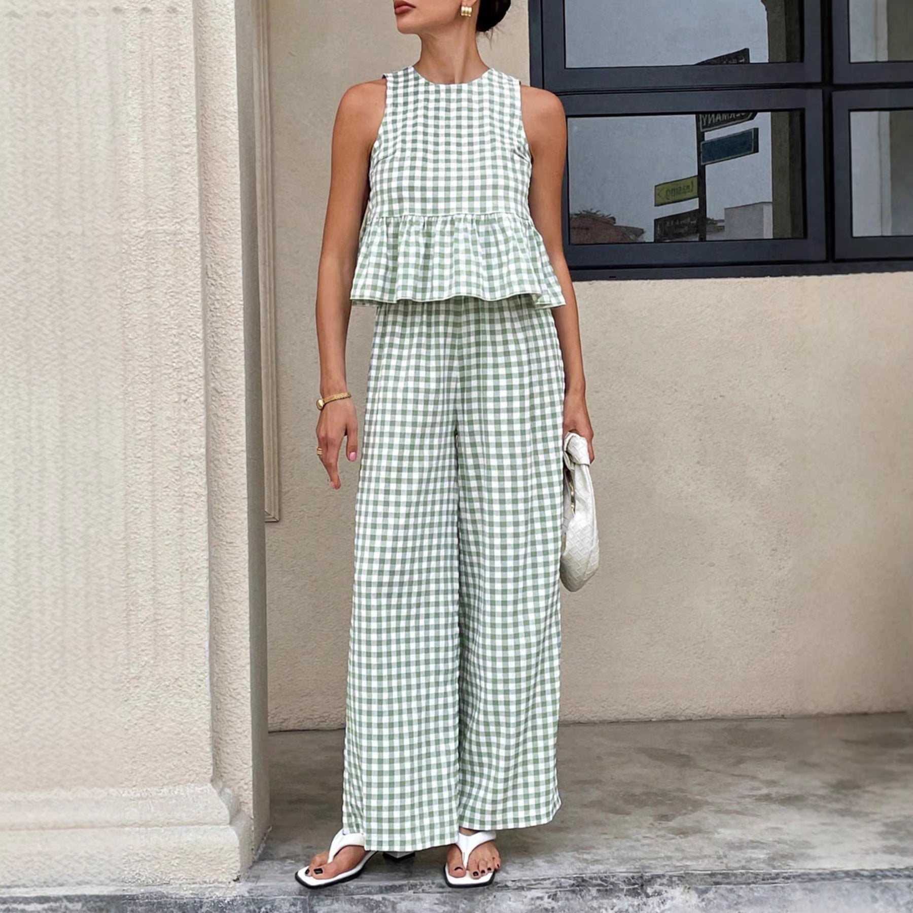 Women's Gingham Sleeveless Peplum Top and Wide Leg Pants - 2 Piece Set
