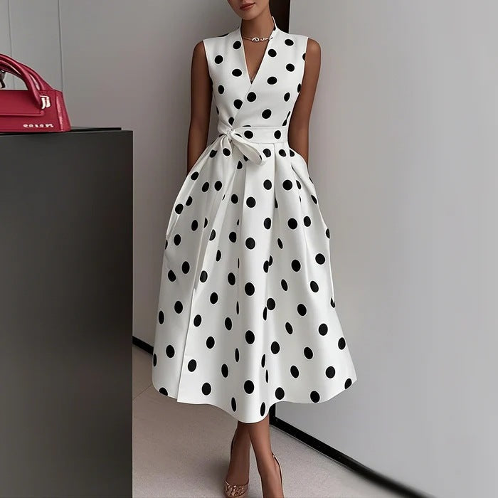 Women's Polka Dot V-Neck Sleeveless Midi Dress - Bow Waist Design