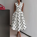 Women's Polka Dot V-Neck Sleeveless Midi Dress - Bow Waist Design