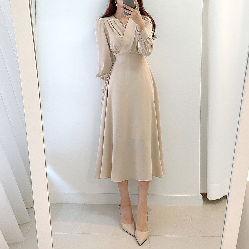 Women's V Neck Puff Sleeve A Line Midi Dress - Long Sleeve