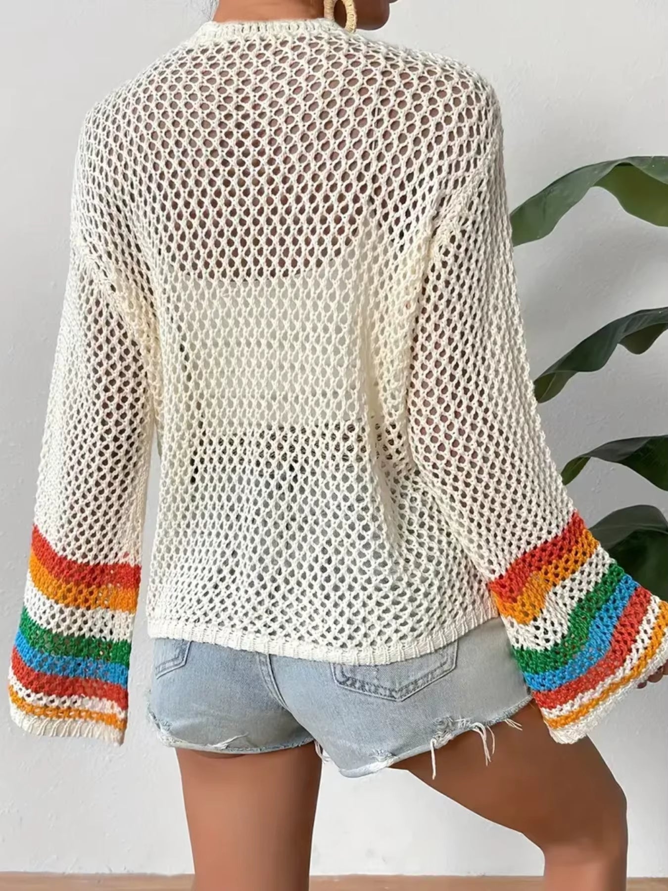 Women's Crochet Cardigan - Open Front Long Sleeve Granny Square Floral Open Knit Cardigan with Stripe Cuffs