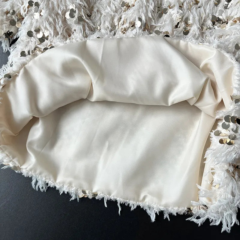 Women’s Embellished Feather-Effect Blouse with Sequin Detail – Refined Evening Style