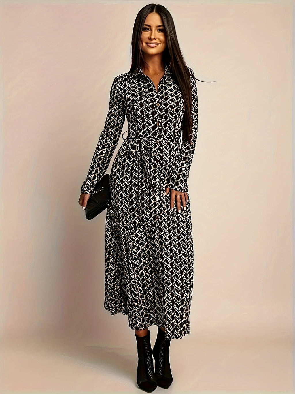 Women's Geo Print Long Sleeve Midi Dress with Shirt Collar and Tie Belt