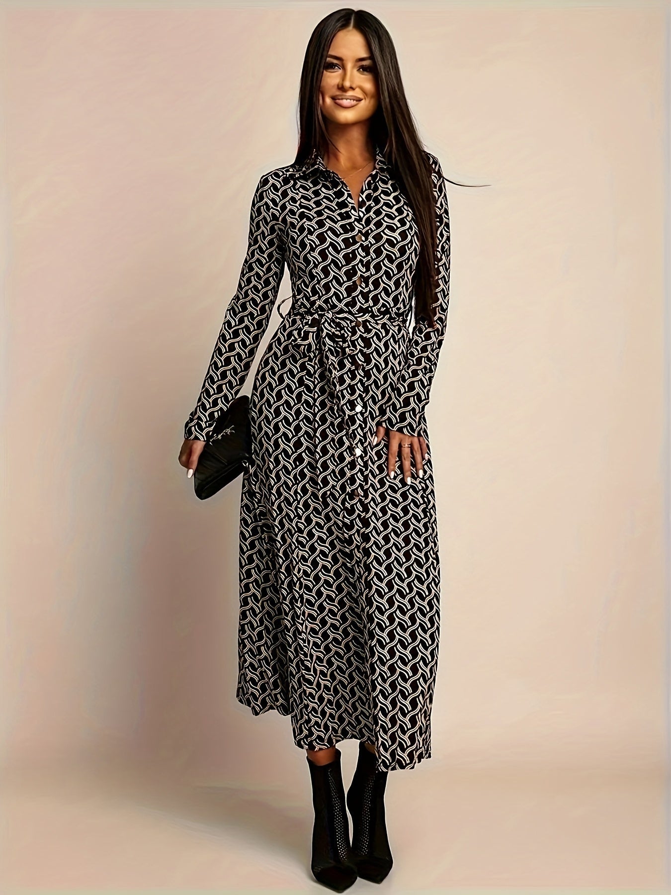 Women's Geo Print Long Sleeve Midi Dress with Shirt Collar and Tie Belt
