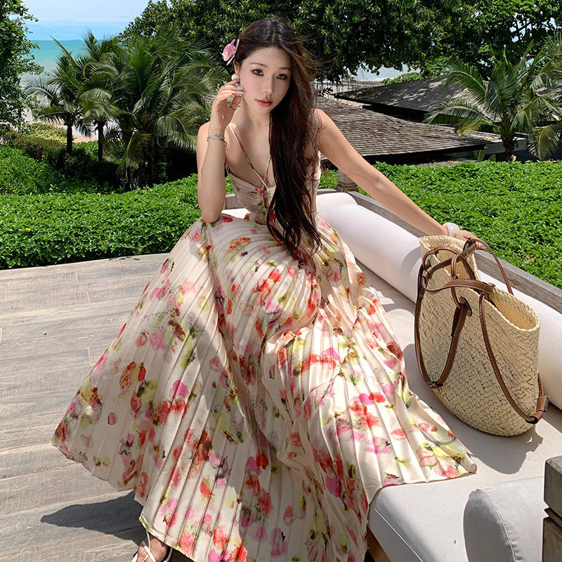 Women's Floral Halter Neck Pleated Open Back Maxi Dress - Cut Out