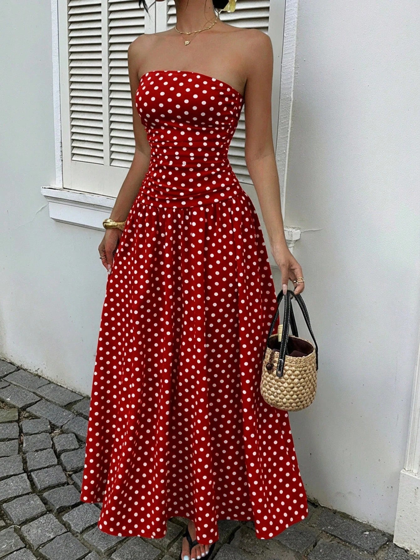 Women's Strapless Polka Dot Ruched Maxi Dress - Flowy Skirt
