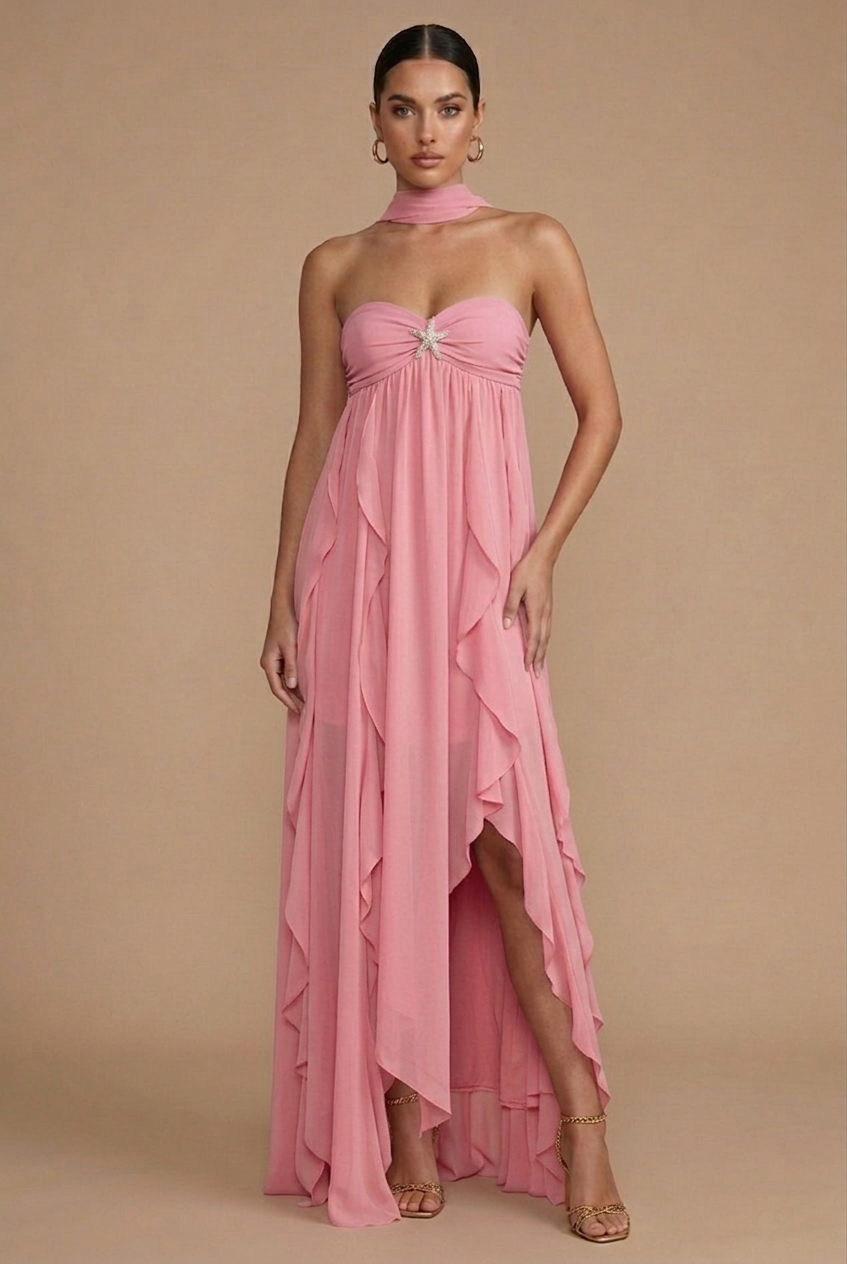 Women's Halter Neck Maxi Dress with Ruffle Skirt - Wedding Guest