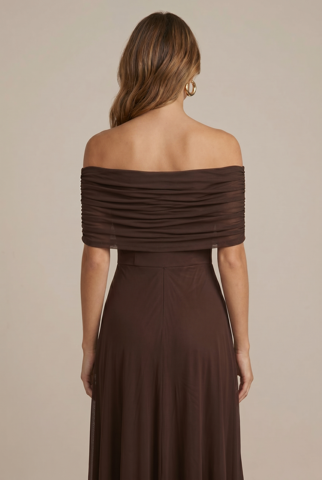 Women's Off Shoulder Ruched Mesh Maxi Dress