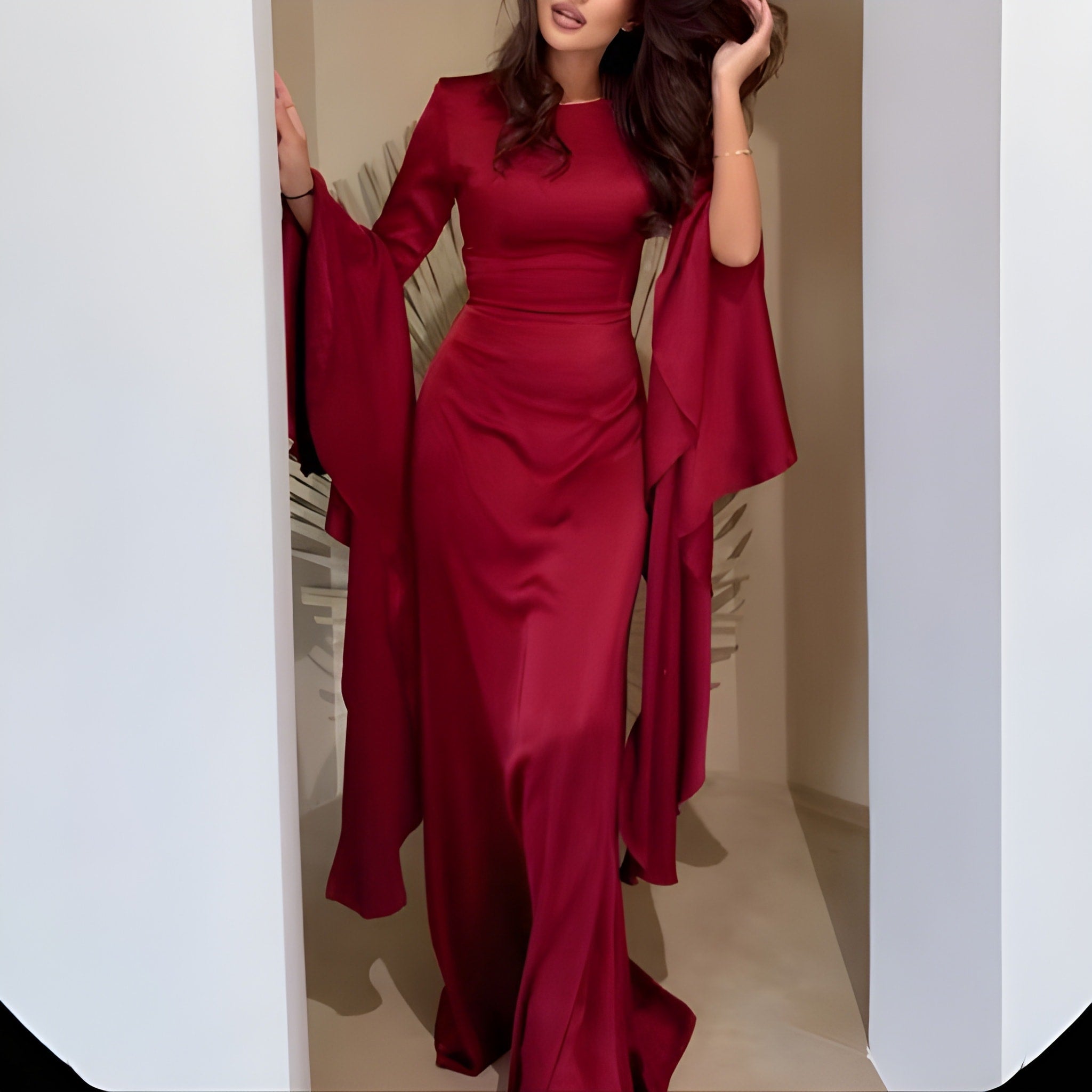 Maxi Elegant Dress Women - Round Neck Dramatic Flared Sleeves