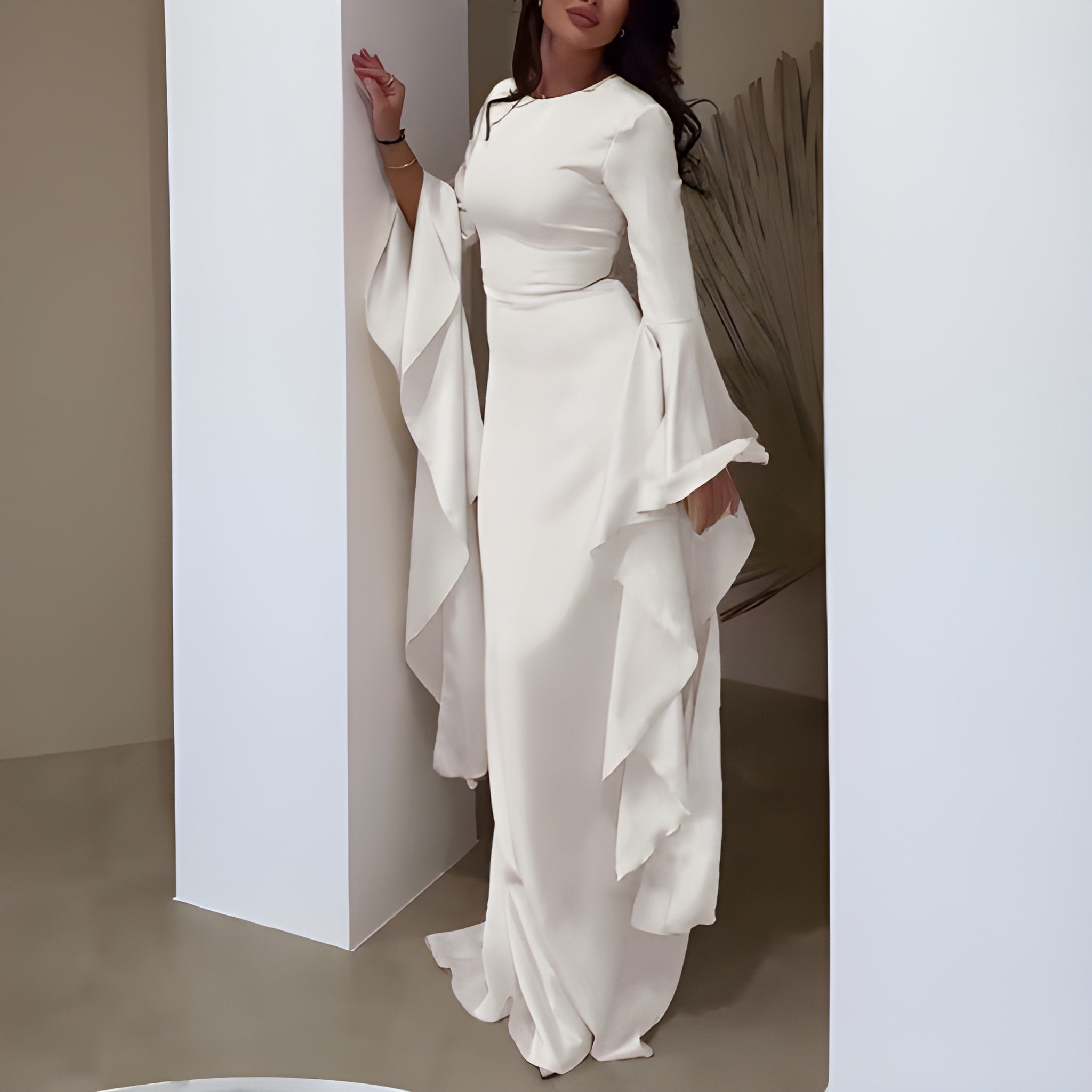 Maxi Elegant Dress Women - Round Neck Dramatic Flared Sleeves