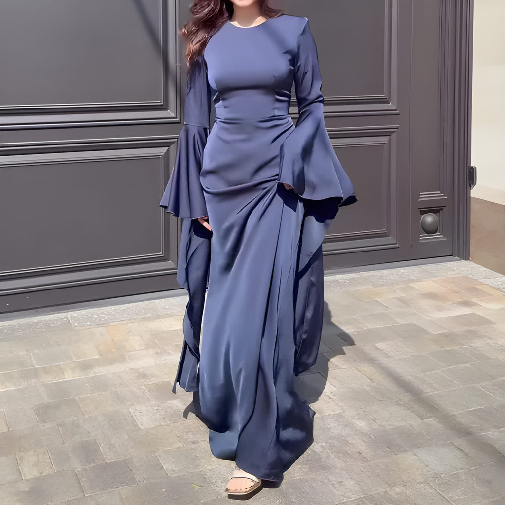 Maxi Elegant Dress Women - Round Neck Dramatic Flared Sleeves