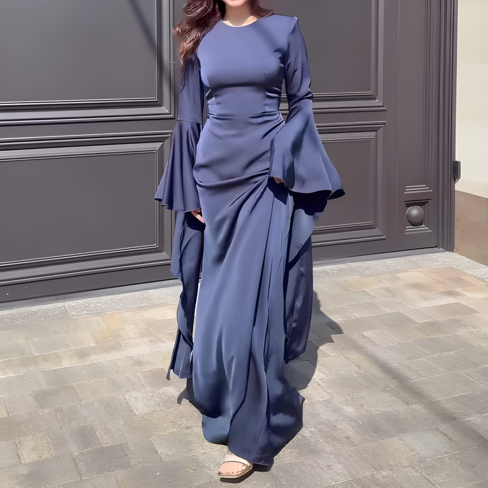 Maxi Elegant Dress Women - Round Neck Dramatic Flared Sleeves