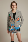 Women's Houndstooth Graffiti Print Oversized Single Button Blazer