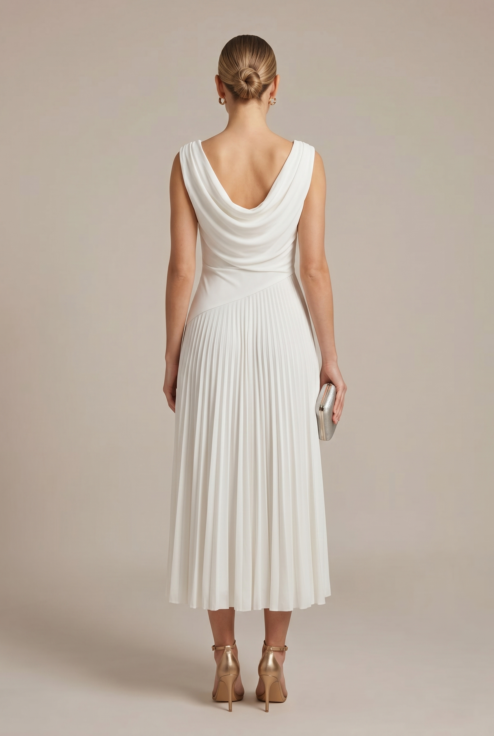 Women's Sleeveless Draped Neckline Pleated Midi Dress