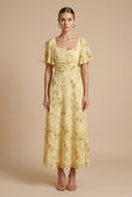 Women's Floral Maxi Dress with Square Neck - Flutter Sleeves and Ruched Bodice