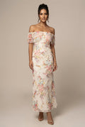 Women's Floral Off Shoulder Ruffle Trim Bodycon Maxi Dress