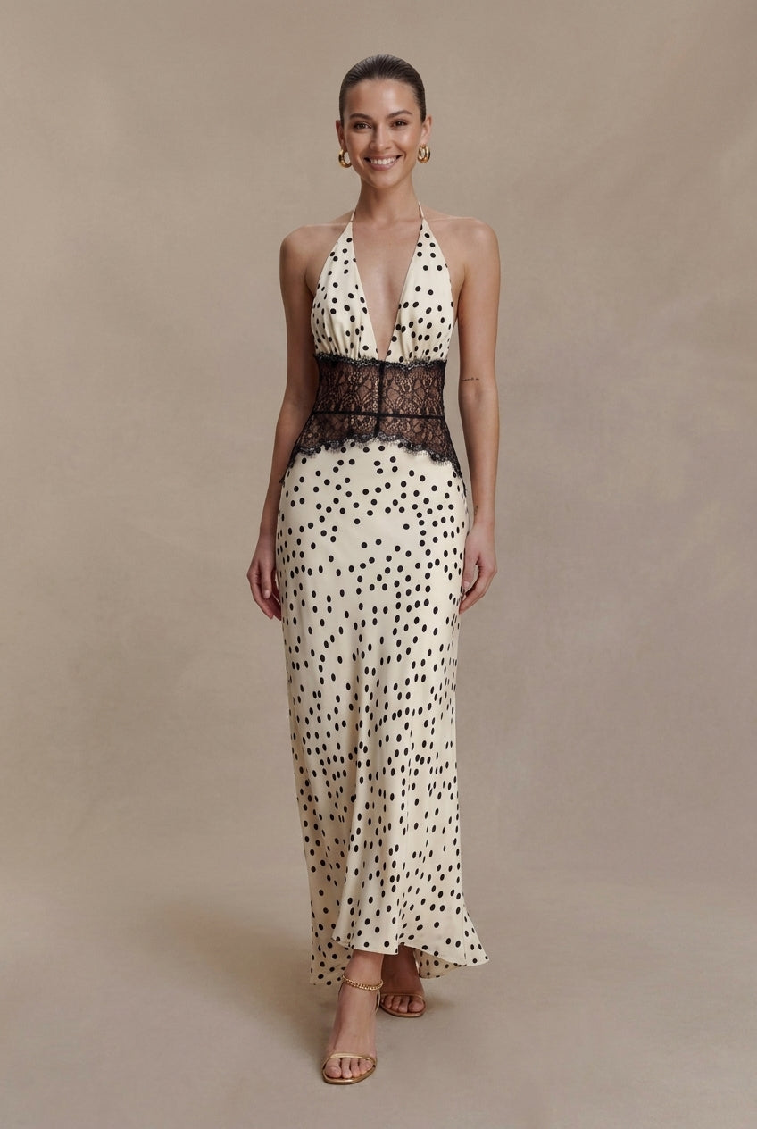 Women's Halter Neck Backless Lace Waist Maxi Dress