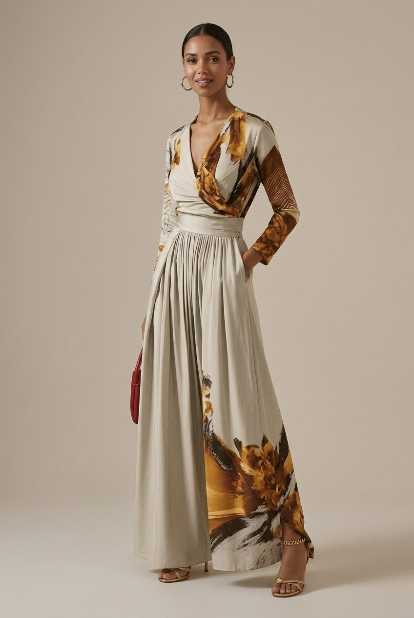 Women's Abstract Print V-Neck Long Sleeve Wide Leg Jumpsuit