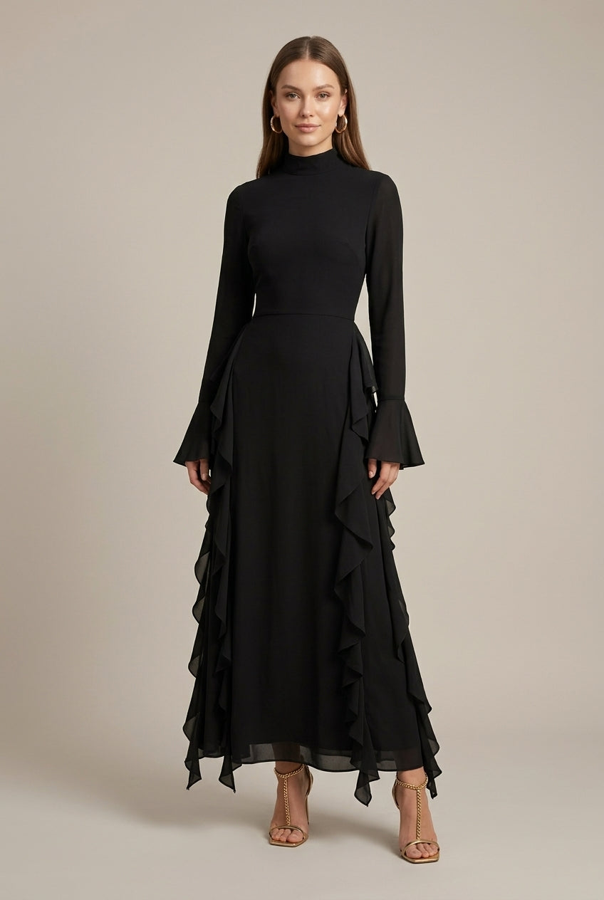 Women's High Neck Long Sleeve Ruffle Smock Maxi Dress