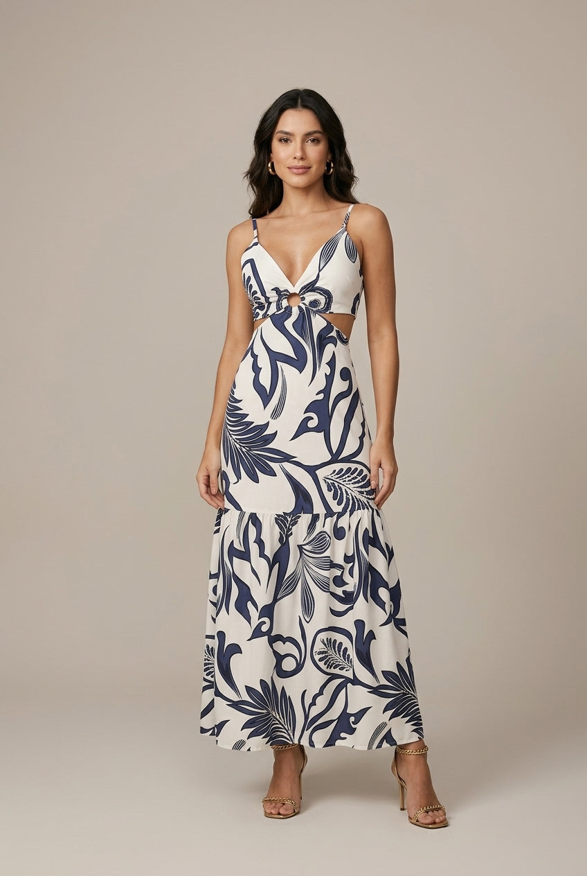 Women's Floral Print Waist Tie Cutout Maxi Dress