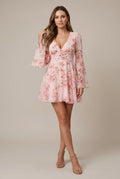 Women's Floral V-Neck Bell Sleeve Fit and Flare Mini Dress