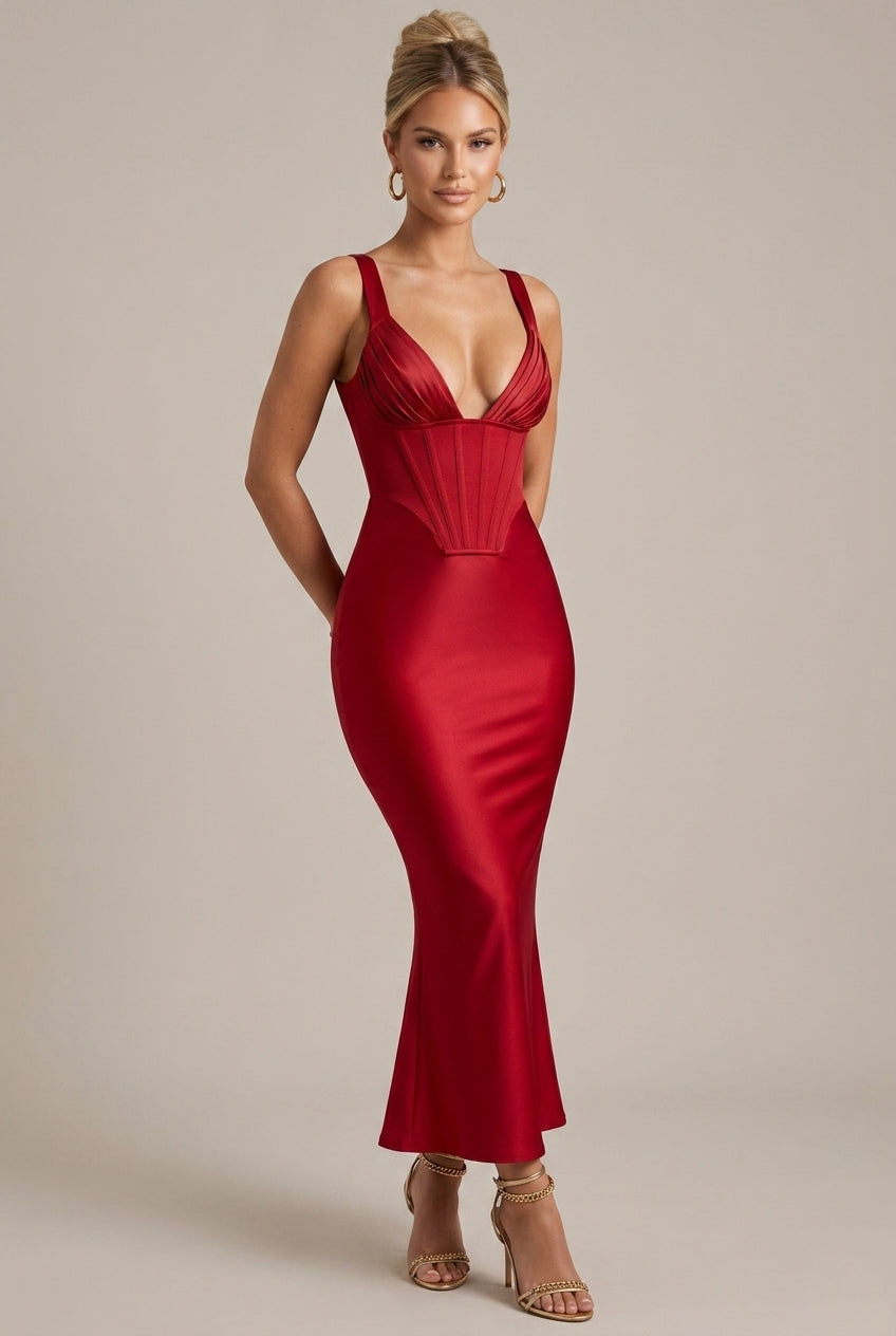 Women's Corset Bodice Sleeveless Deep V-Neck Maxi Dress