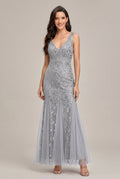 Women's Embroidered Mermaid Formal Maxi Dress - Long Sleeve Mesh