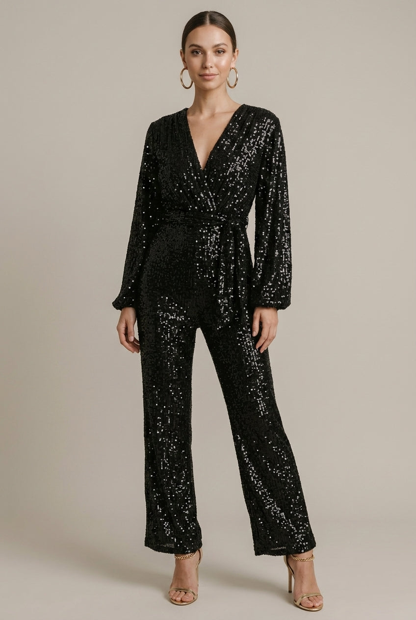 Women's Sequin Wrap Jumpsuit - Long Sleeve - Wide Leg - V-Neck