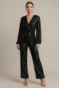 Women's Sequin Wrap Jumpsuit - Long Sleeve - Wide Leg - V-Neck