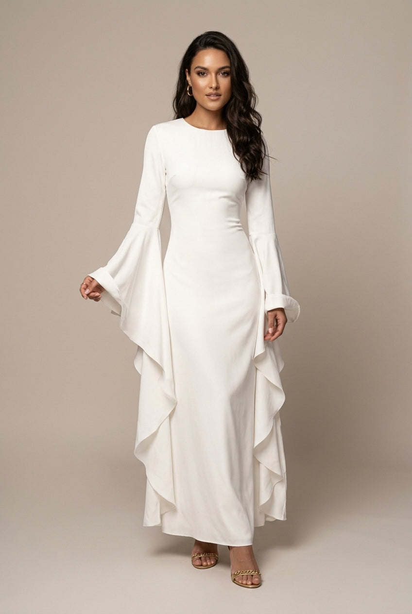 Maxi Dress Women - Round Neck Dramatic Flared Sleeves - Elegant
