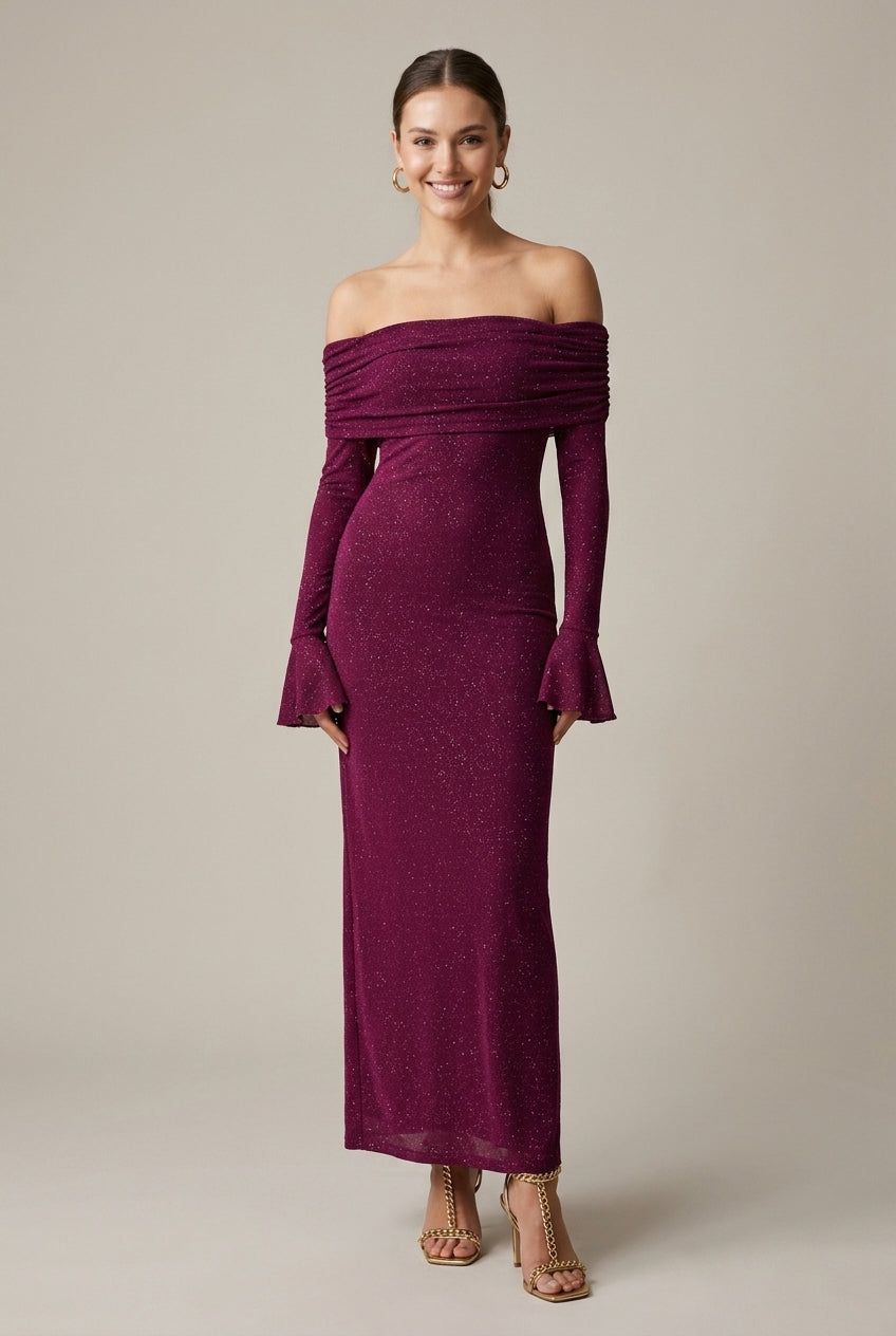 Women's Glitter Mesh Off Shoulder Maxi Dress - Long Sleeve Bodycon with Folded Bardot Neckline