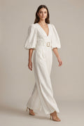 Women's V-Neck Puff Sleeve Wide Leg Belted Jumpsuit