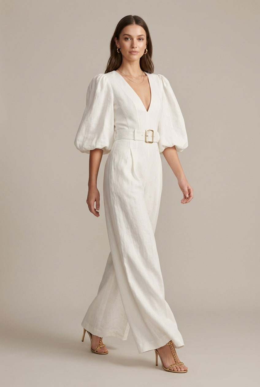 Women's V-Neck Puff Sleeve Wide Leg Belted Jumpsuit