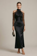 Women's Formal Maxi Dress - High Neck Cold Shoulder Sheer Mesh Long Sleeve Ruched Mermaid Silhouette