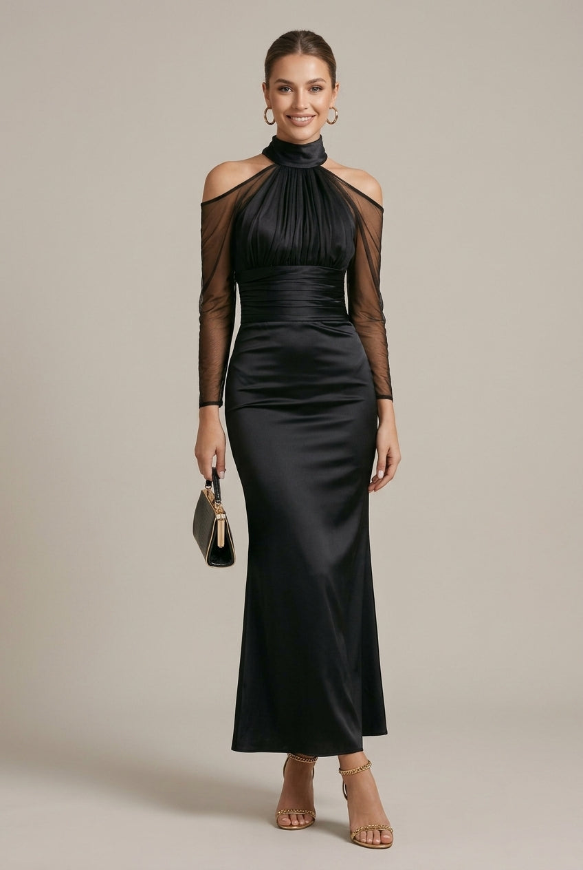 Women's Formal Maxi Dress - High Neck Cold Shoulder Sheer Mesh Long Sleeve Ruched Mermaid Silhouette