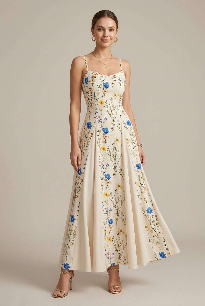 Women's Floral Print Spaghetti Strap Sweetheart A-Line Maxi Dress