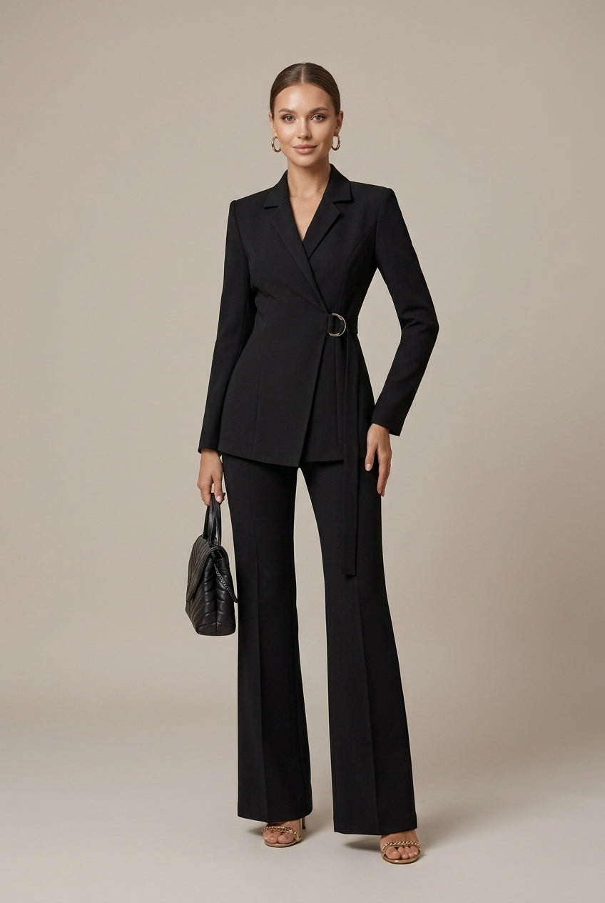 Women's Double-Breasted Blazer Wide Leg Pant Suit - Black Color
