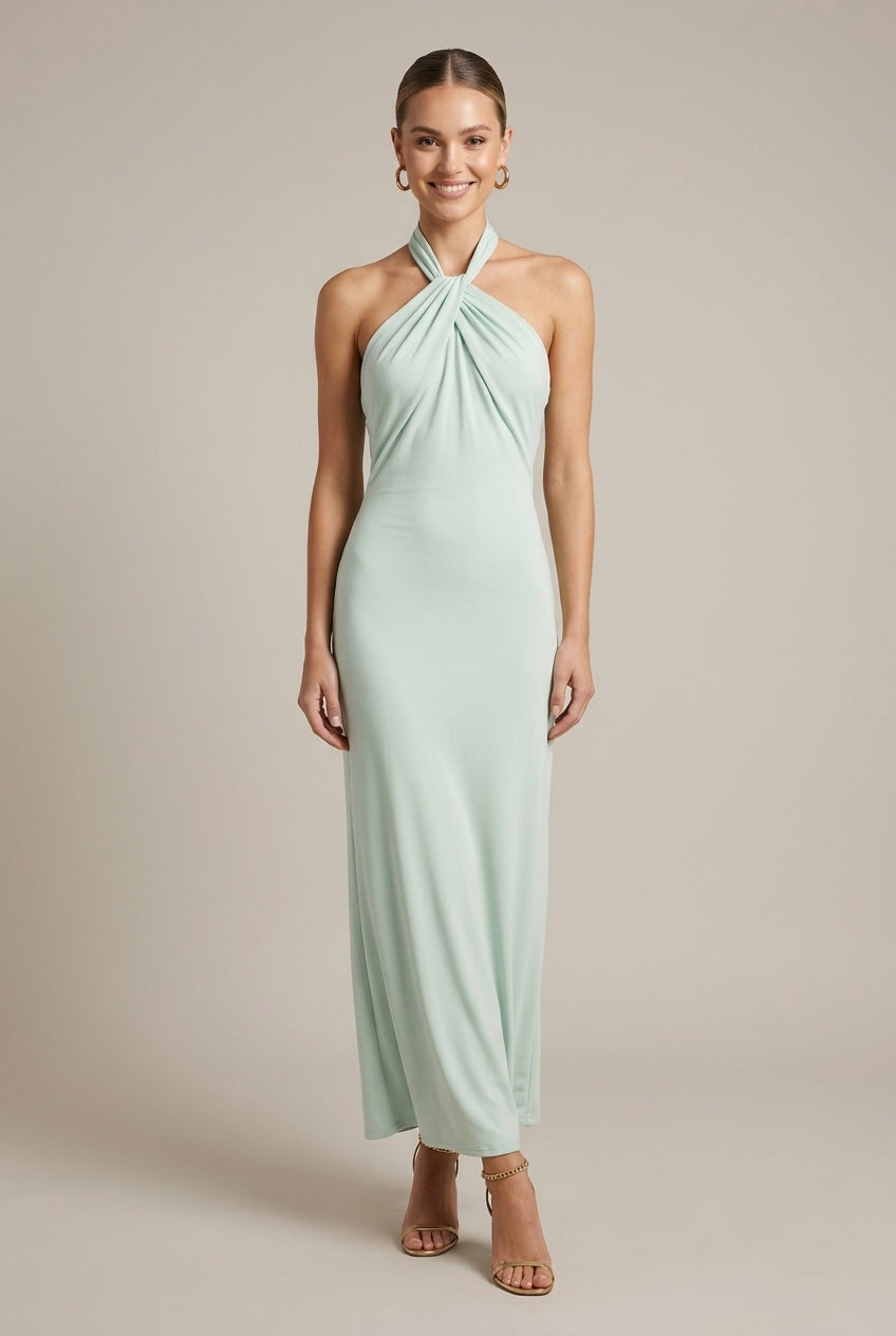 Women's Halter Neck Maxi Dress - Twisted Knot Neckline - Open Back - Formal