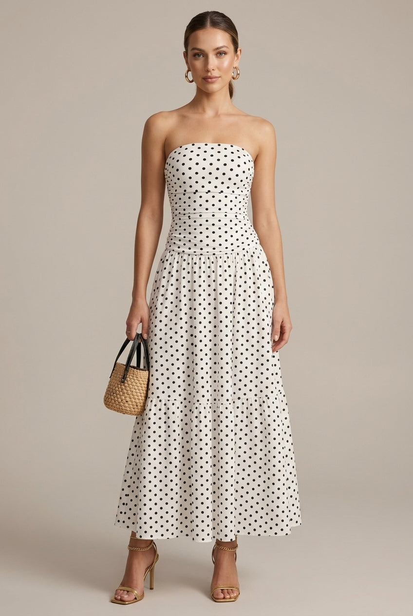 Women's Strapless Polka Dot Ruched Flowy Maxi Dress