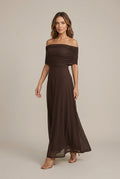 Women's Off Shoulder Ruched Mesh Maxi Dress