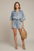 Women's Denim Two Piece Set - Button Down Shirt - Drawstring Shorts
