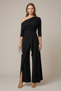 Women's One Shoulder Draped Wide Leg Dressy Jumpsuit - 3/4 Sleeve