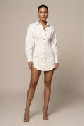Women's Button Front Puff Sleeve Mini Dress - V Neck - Shirt Style