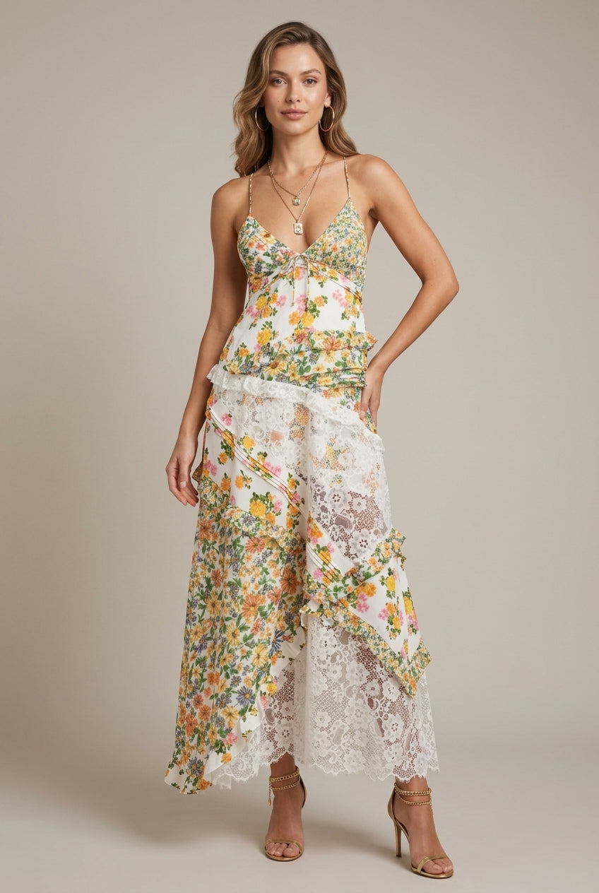 Women's Floral Maxi Dress - Spaghetti Strap V-Neck Lace Panel Ruffle