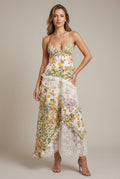 Women's Floral Maxi Dress - Spaghetti Strap V-Neck Lace Panel Ruffle
