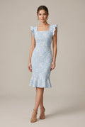 Women's Embroidered Square Neck Bodycon Mini Dress - Short Sleeves