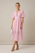 Women's Checkered Puff Sleeve V-Neck Midi Dress
